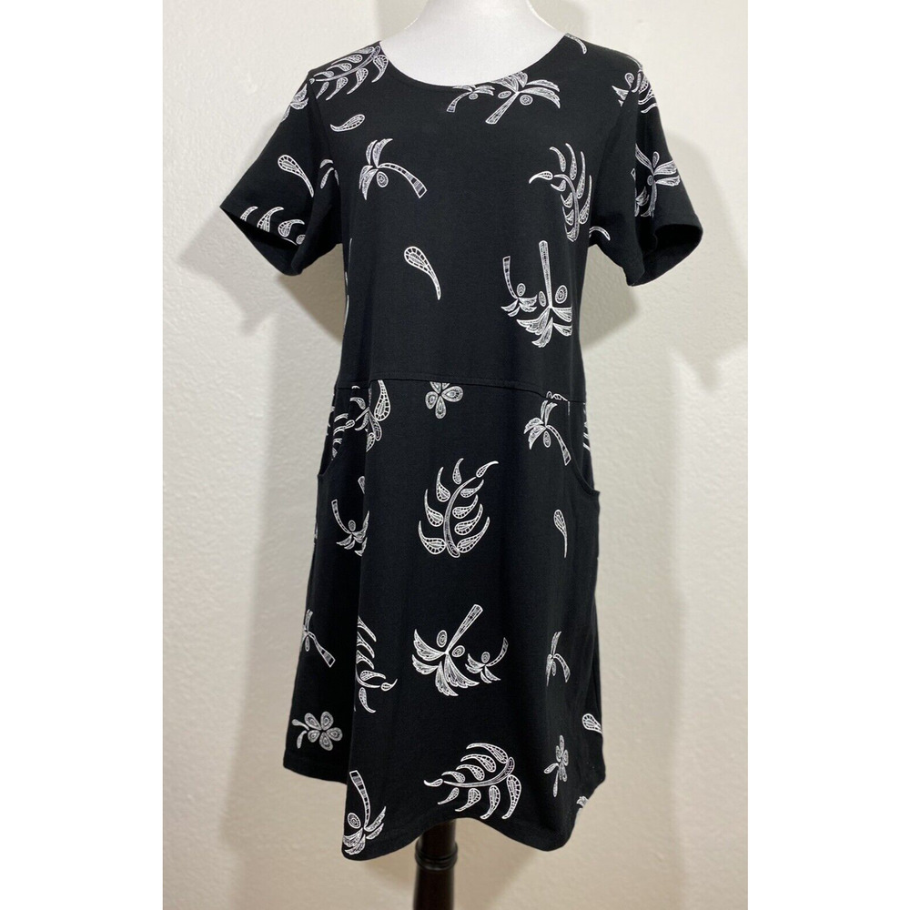 Vintage Red Ginger Size S Black White Palm Print Dress Shift Short Sleeve Pocket